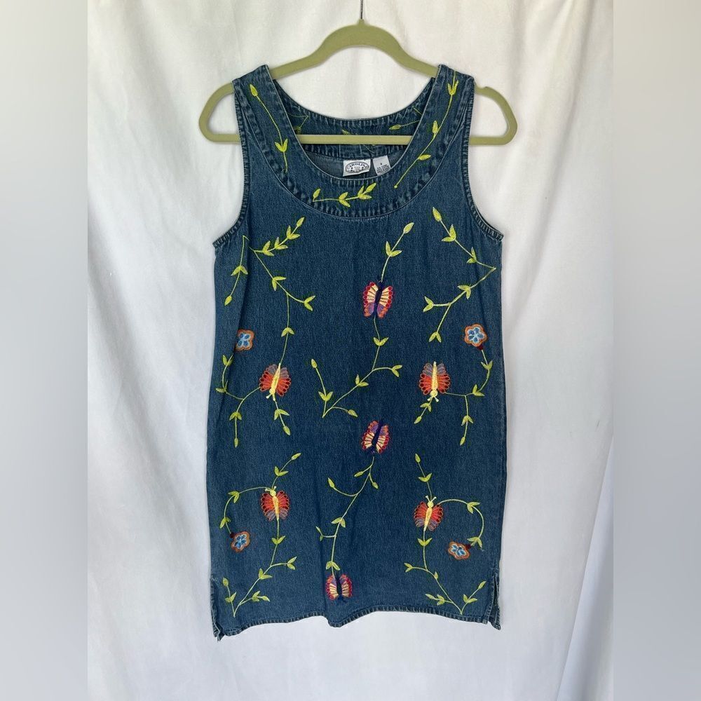 Carolina Blues Vintage Denim Dress Sz 8 Embroidered Butterflies 100% Cotton